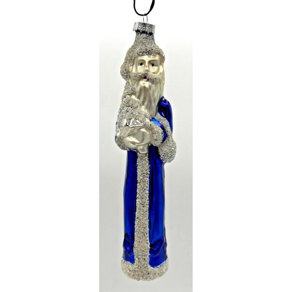 Vintage Hand Blown Glass Christmas Ornament Old World Santa Sapphire Glitter - Picture 1 of 16